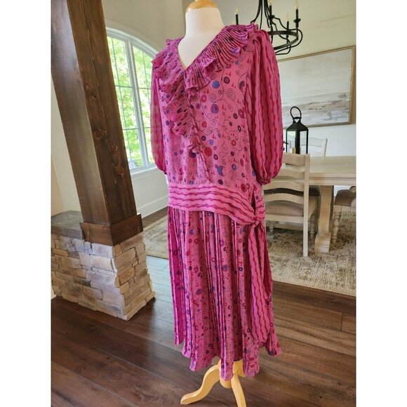 Vintage 80s Judi Michael 2 piece pleated skirt set Flapper Mixed Print Ruffle - Picture 5 of 11